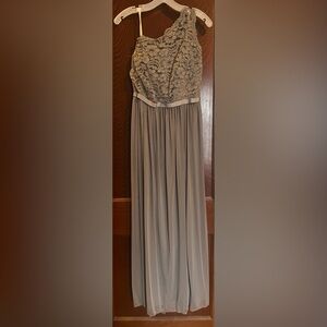 David’s Bridal Gray Color One Shoulder, Corded Lace Bodice Dress
